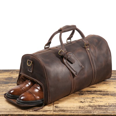 Premium Genuine Leather Travel Duffel Bag with Shoe Compartment – Vintage Brown